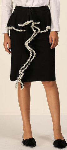 Pearl-Embellished Black Ruffle Skirt