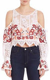'Cecilia' Flower Embroidered Cold-Shoulder Crop Top - White or Black - DESIGNER INSPIRED FASHIONS