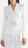 Belted Asymmetric Crepe Blazer and Skirt Set