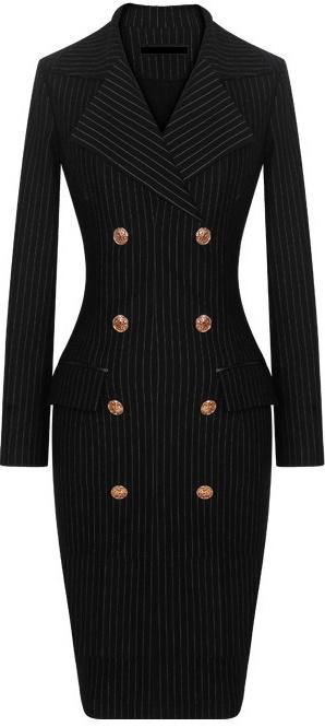 Black Pinstripe Double-Breasted Fitted Dress