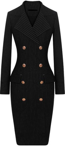 Black Pinstripe Double-Breasted Fitted Dress