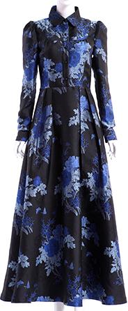 Blue-Floral Long-Sleeve Maxi Dress