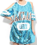 Sequin Embellished Open-Shoulder T-Shirt in Blue - DESIGNER INSPIRED FASHIONS