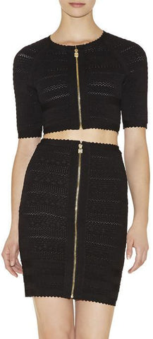 Black Paneled Stretch Zip Crop Top & Skirt Set - DESIGNER INSPIRED FASHIONS