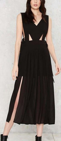 Black Stretch Cut-Out Midi Flowing Chiffon Dress - DESIGNER INSPIRED FASHIONS