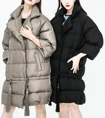 Thick Duck-Down Tassel-Decorated Coat in Grey or Black - DESIGNER INSPIRED FASHIONS