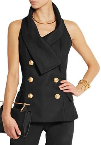 Double-Breasted Sleeveless Vest/Top in Black - DESIGNER INSPIRED FASHIONS