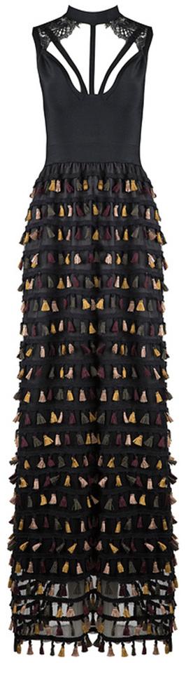 Black Sleeveless Tassel-Embellished Gown