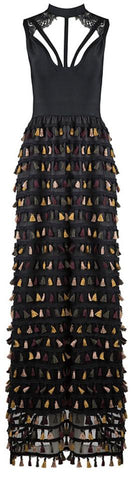 Black Sleeveless Tassel-Embellished Gown