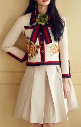 Contrast-Stripe Flower Applique Embroidered Jacket & Pleated Skirt Set - DESIGNER INSPIRED FASHIONS