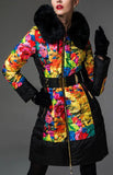 Multi-Colored Floral Print Down Coat with Fox Fur Trim - DESIGNER INSPIRED FASHIONS