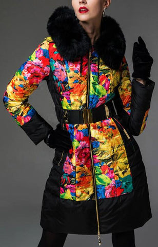 Multi-Colored Floral Print Down Coat with Fox Fur Trim - DESIGNER INSPIRED FASHIONS