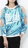 Sequin Embellished Cold-Shoulder Sweatshirt in Blue - DESIGNER INSPIRED FASHIONS