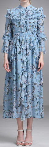 Printed Ruffled Silk Midi Dress in Blue - DESIGNER INSPIRED FASHIONS