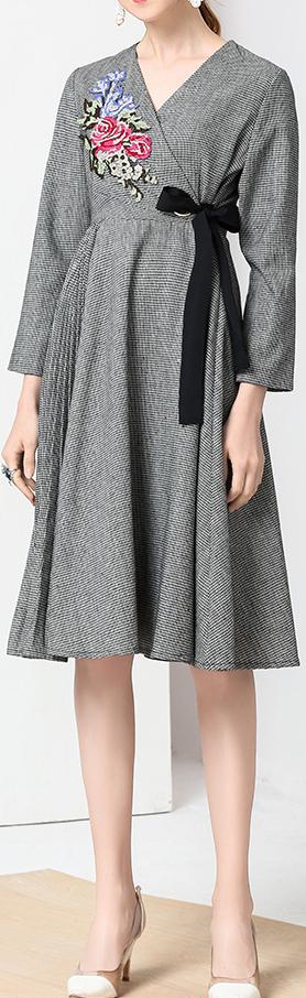Floral-Embroidered Houndstooth Wrap Dress