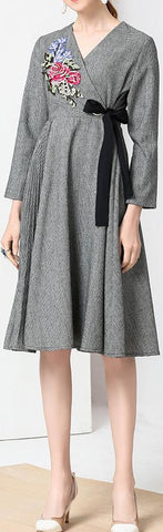 Floral-Embroidered Houndstooth Wrap Dress