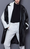 Faux-Leather Color-Contrast Coat in Black & White - DESIGNER INSPIRED FASHIONS