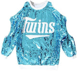 Sequin Embellished Cold-Shoulder Sweatshirt in Blue - DESIGNER INSPIRED FASHIONS