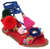Multicolor Pompom & Tassels Leather Sandals - DESIGNER INSPIRED FASHIONS