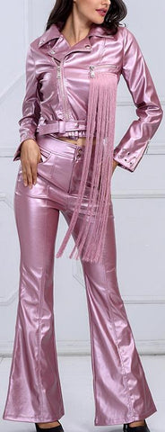 Metallic Faux-Leather Fringed Jacket & Pant Set