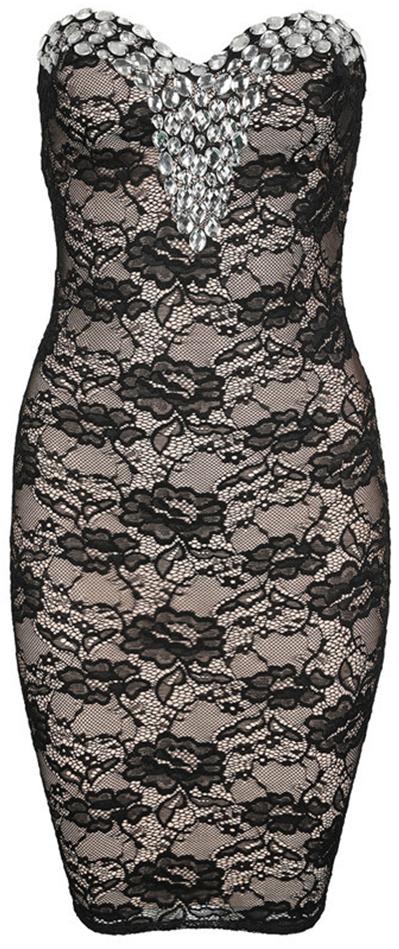 Rhinestone Embellished Strapless Lace Covered Stretchy Mini Dress