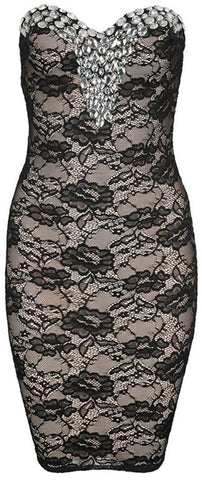 Rhinestone Embellished Strapless Lace Covered Stretchy Mini Dress