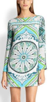 Green Printed Long-Sleeve Mini Jersey Silk Dress - DESIGNER INSPIRED FASHIONS