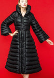 Thick White-Duck-Down Flared Puffer Coat in Black - DESIGNER INSPIRED FASHIONS