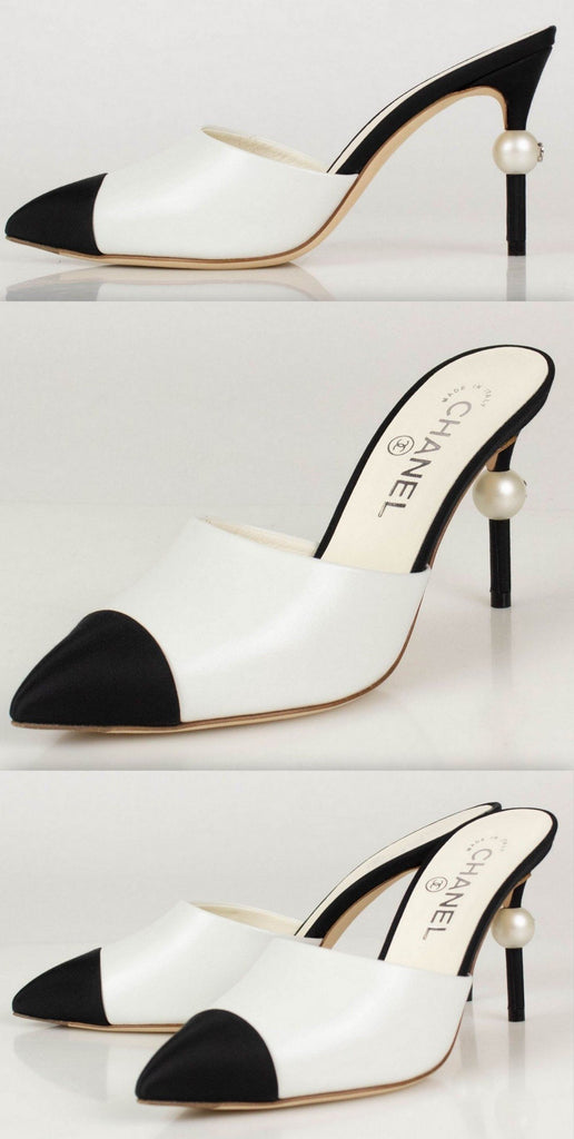 Goatskin Leather Cap Toe Heels Mules - White/Black | DESIGNER INSPIRED FASHIONS