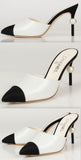 Goatskin Leather Cap Toe Heels Mules - White/Black | DESIGNER INSPIRED FASHIONS