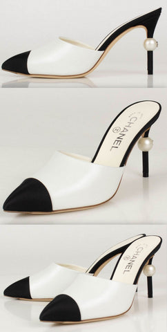Goatskin Leather Cap Toe Heels Mules - White/Black | DESIGNER INSPIRED FASHIONS