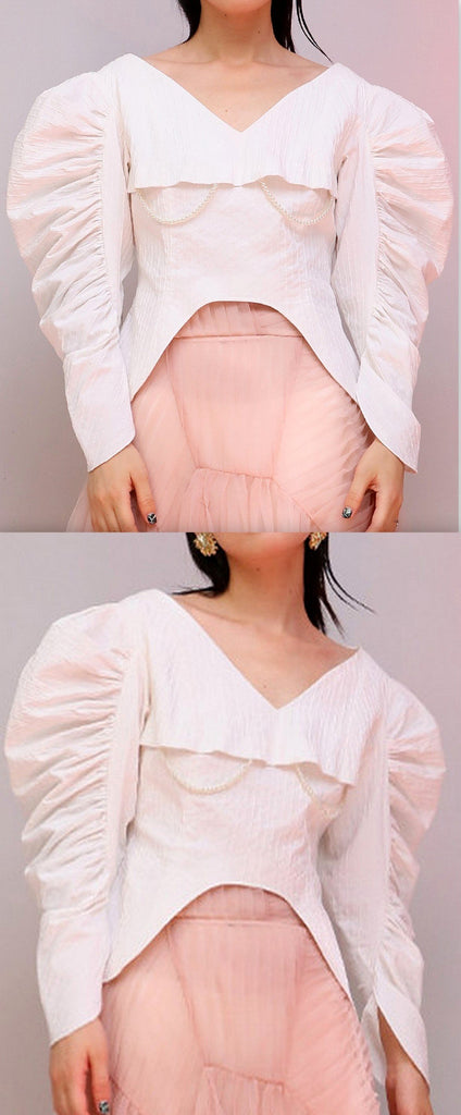 Ruched Puff-Sleeve Pearl-Embellished Top