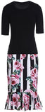 Floral Print Knit Top & Knee-Length Flared Striped Floral Skirt