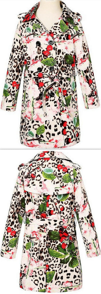 Leopard & Cherry Print Trench Coat - DESIGNER INSPIRED FASHIONS
