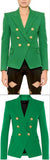 Double-Breasted Gold Button Twill Blazer, Green - DESIGNER INSPIRED FASHIONS