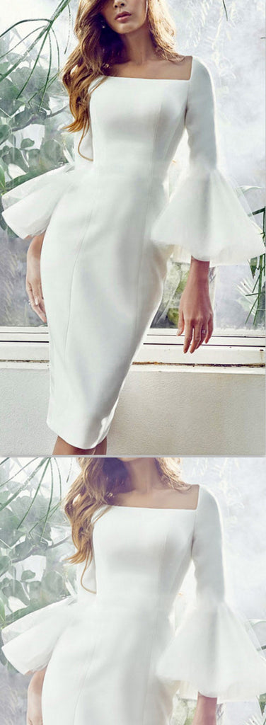 Bell-Sleeve Fitted Dress, White - DESIGNER INSPIRED FASHIONS
