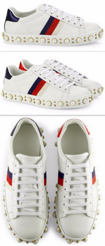 Ace Faux Pearl Studded Leather Low-Top Sneakers