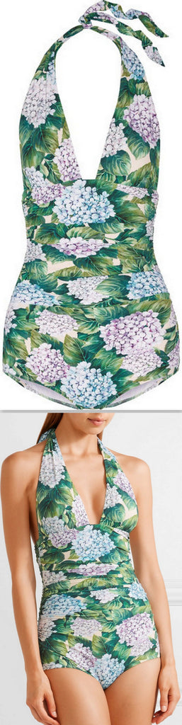 Ruched Hydrangea Printed Halterneck Swimsuit