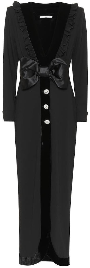 Ruffled Velvet-Trim Dress with Bow