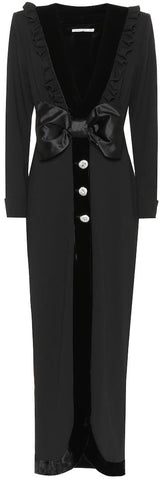 Ruffled Velvet-Trim Dress with Bow