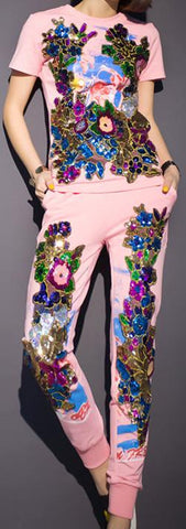 Embellished T-Shirt & Elasticated Pant Set - ( Pink, Red, White, Black) - DESIGNER INSPIRED FASHIONS