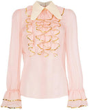Sheer Sequin-Trim Ruffle Blouse