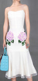 Floral-Appliques Embellished Flared-Hem Midi Dress in White