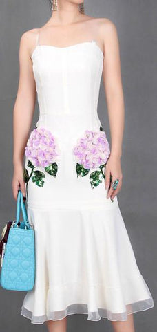 Floral-Appliques Embellished Flared-Hem Midi Dress in White