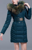 Fur Collar Belted Puffer Down Coat, Blue/Green