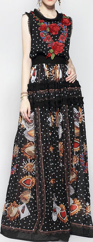 Mixed Print Ruffle-Trimmed Sleeveless Maxi Dress