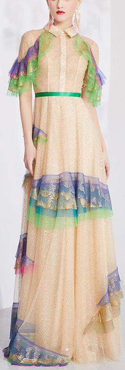 Color-Contrast Ruffle-Sleeved Tulle Gown