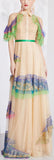 Color-Contrast Ruffle-Sleeved Tulle Gown