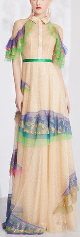 Color-Contrast Ruffle-Sleeved Tulle Gown