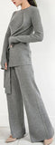 Ribbed Knit Wrap-Sweater and Wide-Pant Set - Light Camel or Grey